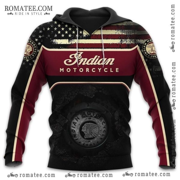 Indian Motorcycle Vintage American Flag Hoodie with Distressed Graphics and Logo