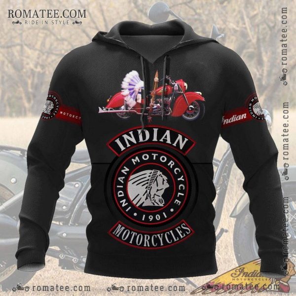 Indian Motorcycle Vintage Hoodie with Classic Red Bike and Native American Art