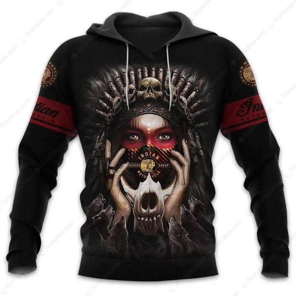 Indian Motorcycle Wolf Girl Hoodie, Dark Skull And Indian Headdress Graphic Hoodie