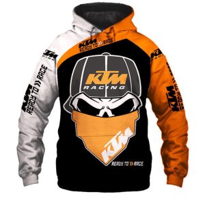 KTM Racing Hoodie with Skull Mask Design, Bold Orange and Black Graphics, Ready to Race Theme