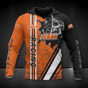 KTM Racing Skull Graphic Hoodie with Distressed Art Design in Orange and Black