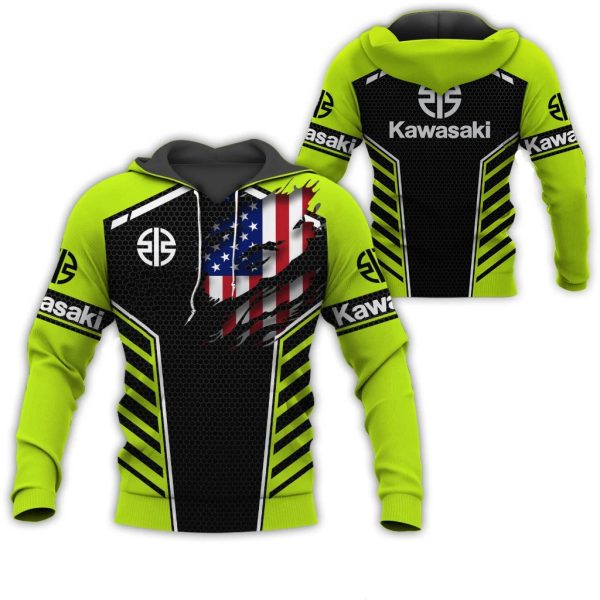 Kawasaki American Flag Graphic Hoodie with Bold Neon Green Design and Racing Stripes