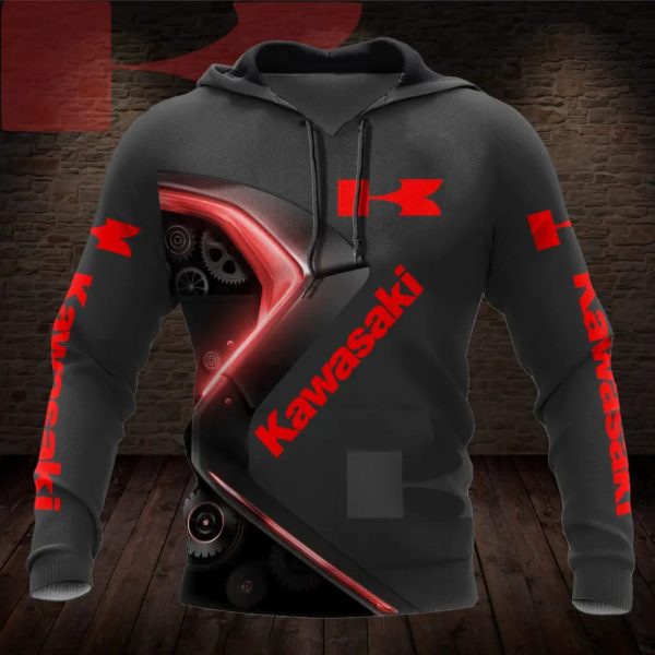 Kawasaki Engine Mechanics 3D Hoodie, Gray And Red Technical Motorcycle