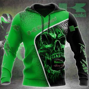 Kawasaki Green Skull Graphic Hoodie, Green & Black Kawasaki Motorcycle Geometric Design