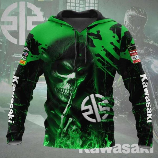 Kawasaki Grim Reaper Racing All-Over Print Hoodie, Men’s 3D Motorcycle Racing Graphic Hoodie