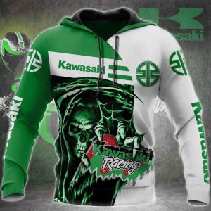 Kawasaki Grim Reaper Racing Team Power Hoodie, Vibrant Green & White Racing Style