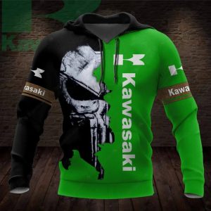 Kawasaki Moto Punisher Skull Hoodie, Kawasaki Green & Black Biker Hoodie