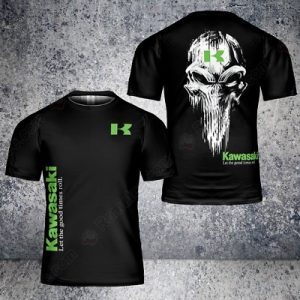 Kawasaki Motorcycle Skull Logo T-Shirt – Green & Black Biker Tee