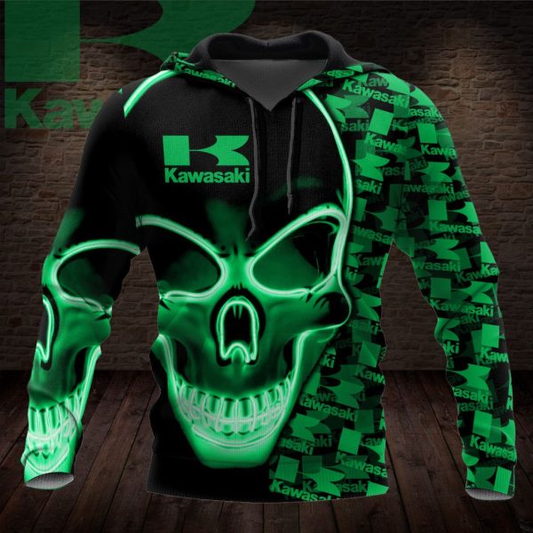 Kawasaki Neon Skull Hoodie with Bold Graphic Design and Eye-Catching Green Glow