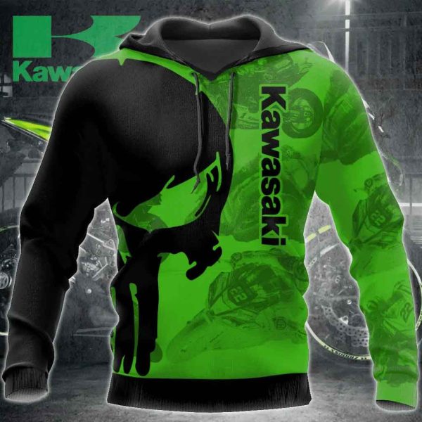 Kawasaki Punisher Skull Graphic Hoodie, Black and Green Motorcycle Pullover