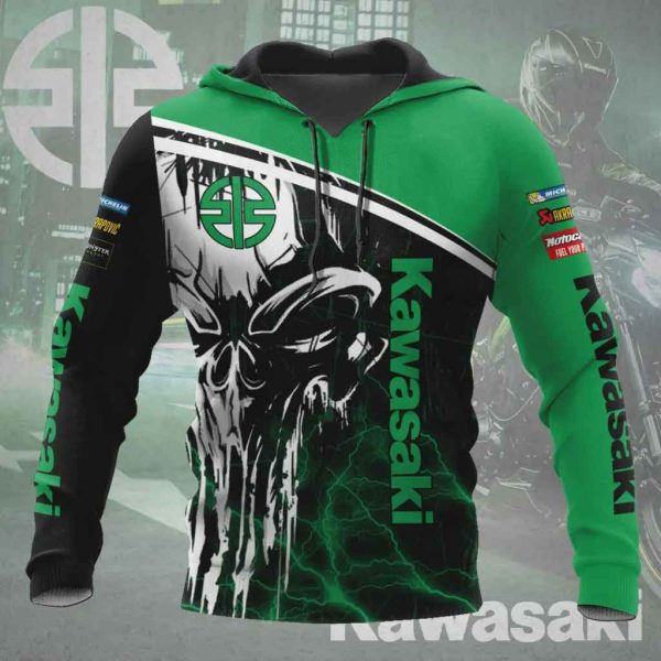 Kawasaki Racing Hoodie – Bold Green, Black & White Design with Dramatic Skull