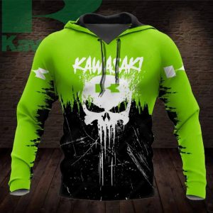 Kawasaki Racing Punisher Skull Graphic 3D Print Hoodie, Biker Gift for Men