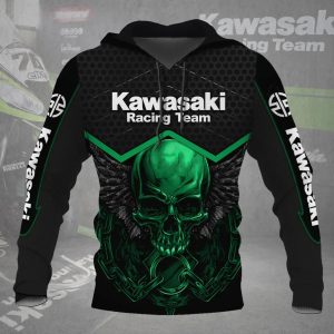 Kawasaki Racing Skull Wings Hoodie – Black And Green Motorcycle Biker Design