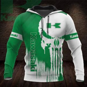 Kawasaki Racing Split Design Skull Graphic 3D Print Hoodie, Green and White Kawasaki Motorcycle 3D Merch