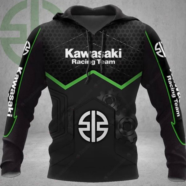 Kawasaki Racing Team Gears 3D Hoodie, Kawasaki Motorcycle Textured 3D Print Hoodie