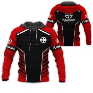 Kawasaki Racing Team Graphic Hoodie with Hexagonal Pattern and Striking Red Design