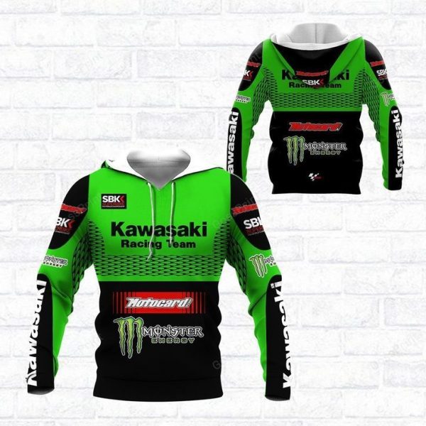 Kawasaki Racing Team Hoodie – Bold Green Design with Monster Energy Graphics