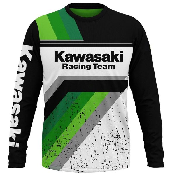 Kawasaki Racing Team Long Sleeve Graphic Shirt with Bold Green and Black Design