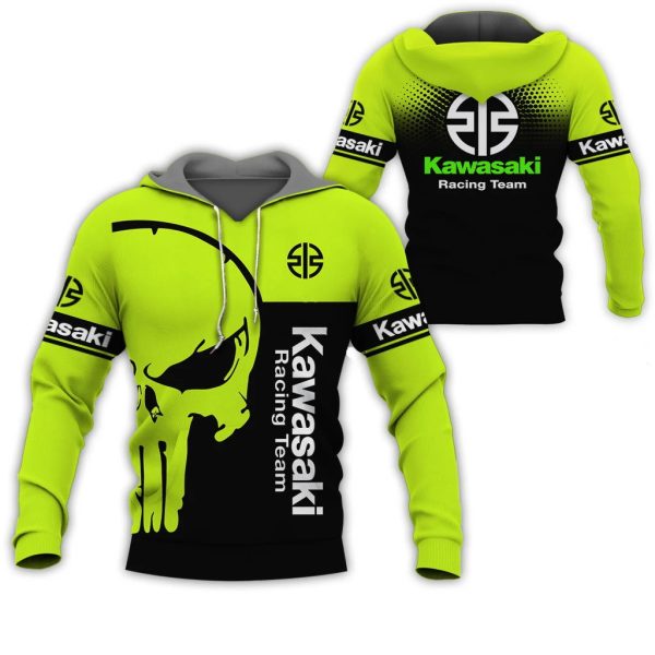 Kawasaki Racing Team Skull Graphic Hoodie in Neon Green and Black Design