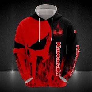 Kawasaki Red Skull Flame Hoodie – Biker Graphic Design, Motorcycle Apparel, Streetwear Fashion