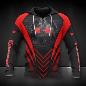 Kawasaki Red and Black Honeycomb Hoodie with Smoky Emblem and Sporty Aesthetic