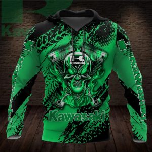 Kawasaki Skull And Pistons Graphic Hoodie, Green And Black Motorcycle Biker Skull Merch