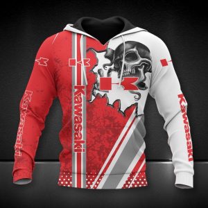 Kawasaki Skull Graphic Gothic Streetwear Hoodie – Red and White Design