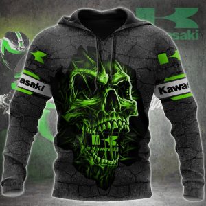 Kawasaki Skull Graphic Hoodie with Neon Green Design and Cracked Texture Elements