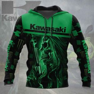 Kawasaki Skull Gun Graphic Hoodie, Kawasaki Biker Graphic Motorcycle Merch