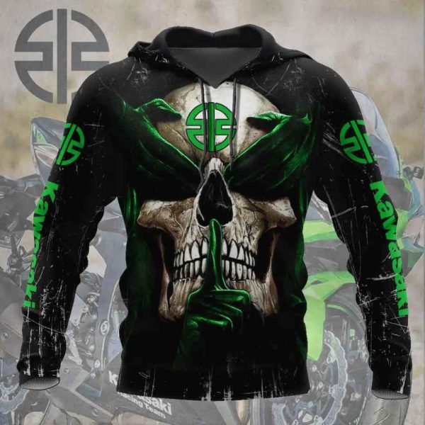 Kawasaki Skull Silence Hoodie With Black & Green Motorcycle Design