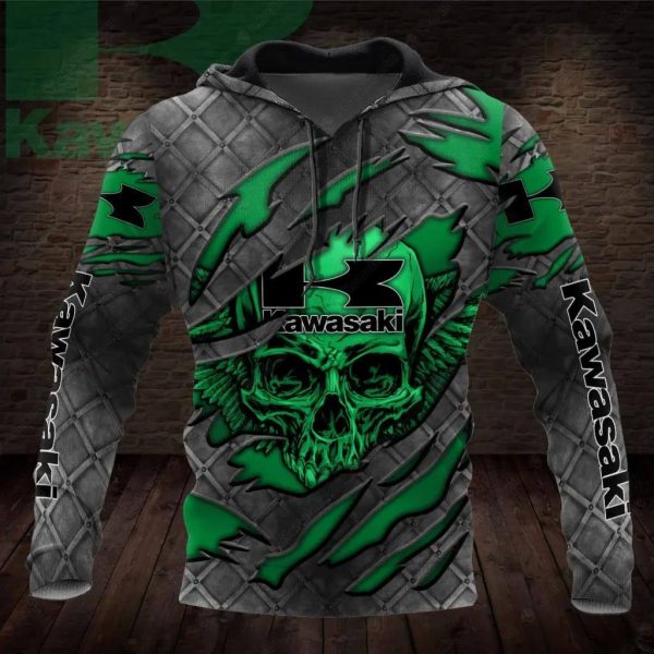 Kawasaki Skull Winged Ripped Metal Hoodie, Graphic Biker Motorcycle Gift