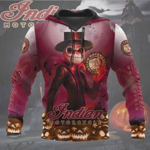 Men’s Halloween Indian Motorcycle Biker Hoodie, Halloween Skeleton and Jack-o’-lanterns 3D Print