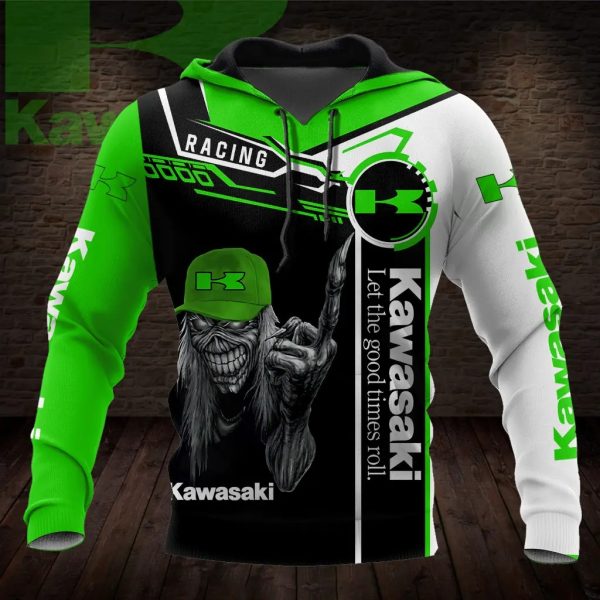 Men’s Kawasaki Rock Metal Racing Hoodie, Kawasaki Eddie-Style Biker Skull Hoodie