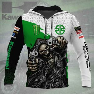 Men’s Kawasaki Skeleton Biker Hoodie with Guns Graphic Design