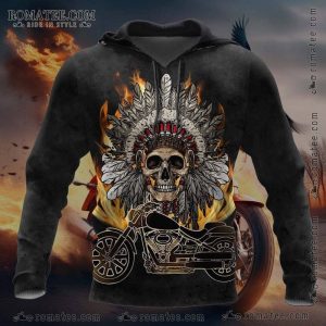 Native American Headdress Flames Motorcycle Hoodie, Bold Tribal Design with Fiery Background