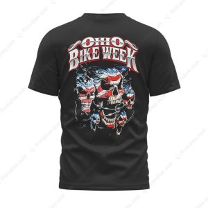 Ohio Bike Week American Flag Skulls Graphic T-Shirt, Red White Blue Skull Licensed T-Shirt