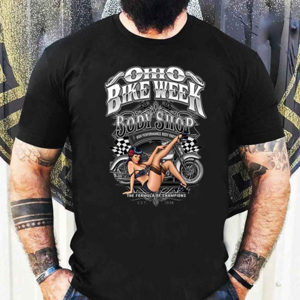 Ohio Bike Week Retro Body Shop Sexy Pin-Up Girl Biker T-Shirt