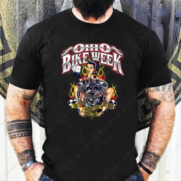 Ohio Bike Week Vintage Tattooed Lady T-Shirt, Bold Black Motorcycle T-Shirt