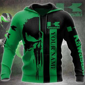 Personalized Kawasaki Biker Hoodie with Punisher Skull Design