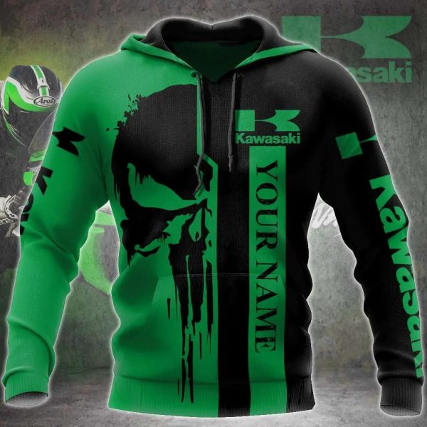 Personalized Kawasaki Biker Hoodie with Punisher Skull Design