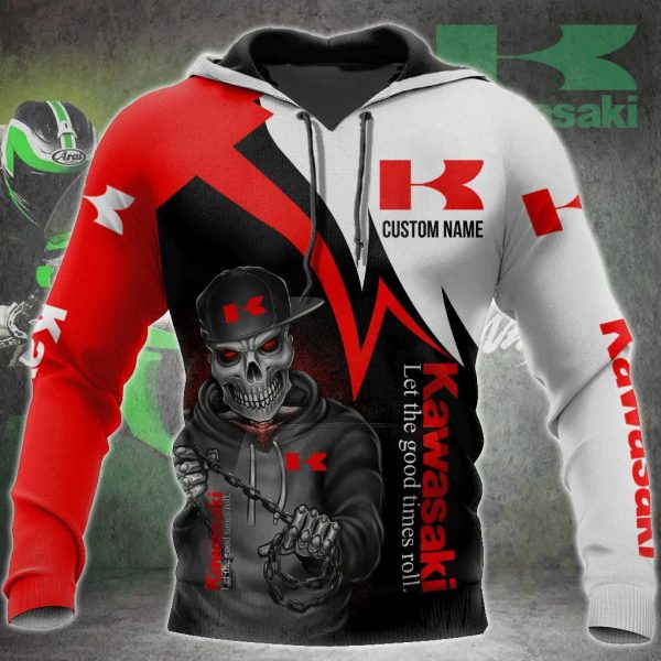 Personalized Kawasaki Biker Hoodie with Skeleton Graphic