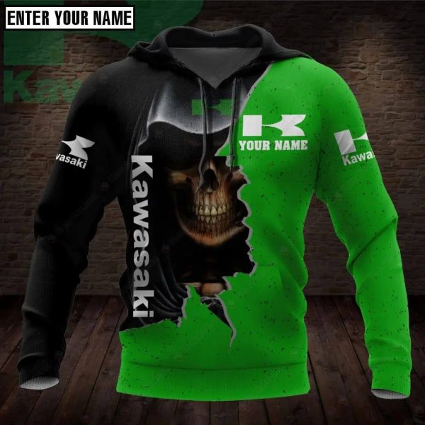 Personalized Kawasaki Split Skull 3D Hoodie, Green and Black Kawasaki Motorcycle Design