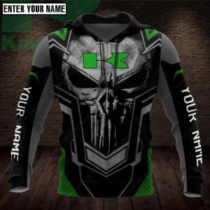 Personalized Punisher Skull Motorcycle Merch, Black & Green Kawasaki Motorcycle 3D Hoodie