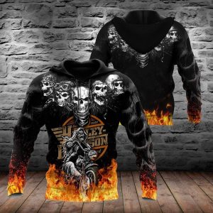 Skull Motorcycle Hoodie with Flames and Vintage Harley Davidson Artwork