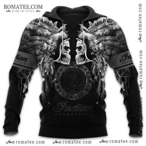 Skull and Feather Indian Motorcycle Hoodie with Tribal Art and Butterfly Design