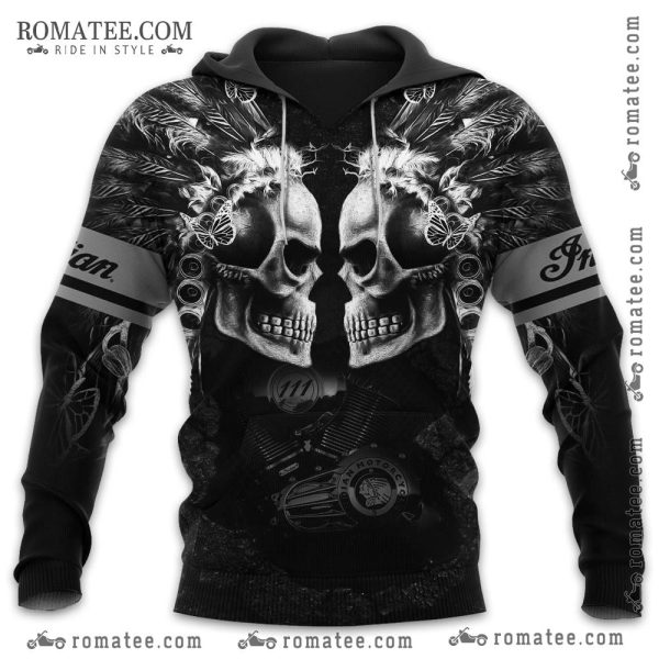 Skull and Feather Motorcycle Hoodie with Indian Motorcycle Graphic Design