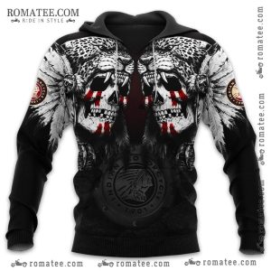 Skull and Leopard Graphic Hoodie with Tribal Feathers and Red Accents