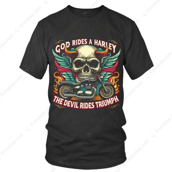 Vintage Humorous Motorcycle T-Shirt, God Rides a Harley, Devil Rides Triumph Design