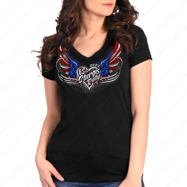 85th Sturgis Motorcycle Rally Black Ladies Shirt – Winged Heart Patriotic Design 2025