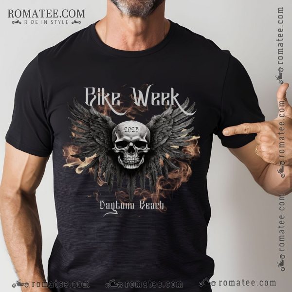 Bike Week 2025 Daytona Beach Skull Wings Flame T-Shirt